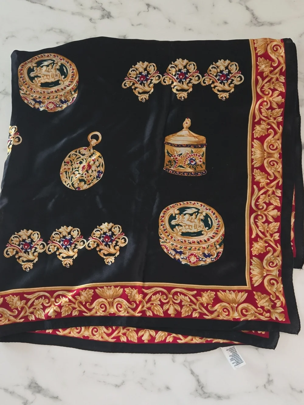 Talbots Vintage Silk Scarf Black Gold Baroque Equestrian Chain‎ Print 35x34